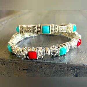 Set of Two Stretch Bracelets withh Turquoise and Coral Inserts